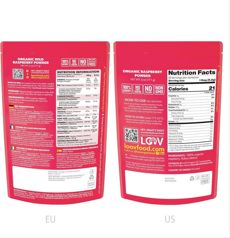 LOOV Organic Raspberry Powder - 100% Whole Freeze-Dried Raspberries, 6 oz, USDA Organic - Image 2